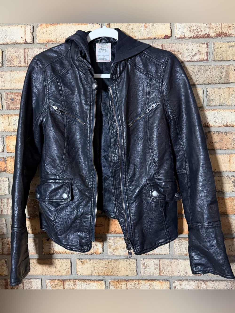 Free People black hooded vegan leather jacket S We The Free